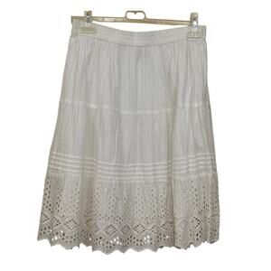 Women's White Eyelet Midi Skirt - Tiered Cotton Design